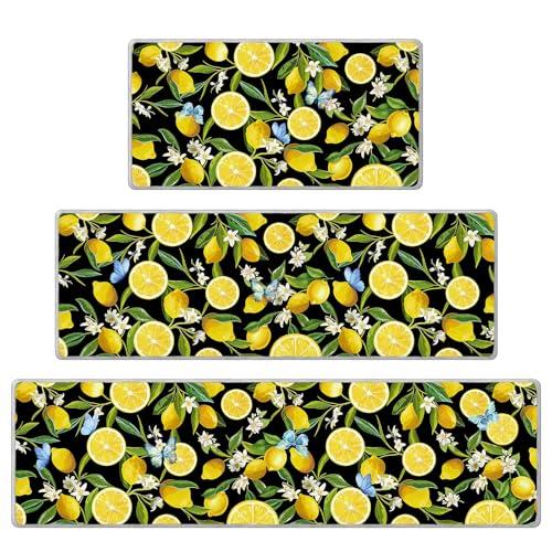 InIsaJace Lemon Kitchen Mats Set of 3, Lemon Flower Kitchen Rugs Non Slip for Floor, Farm Butterflies Decorative Rug for Home Decor(16 X 31 + 16 X 47+ 16 X 59 in)