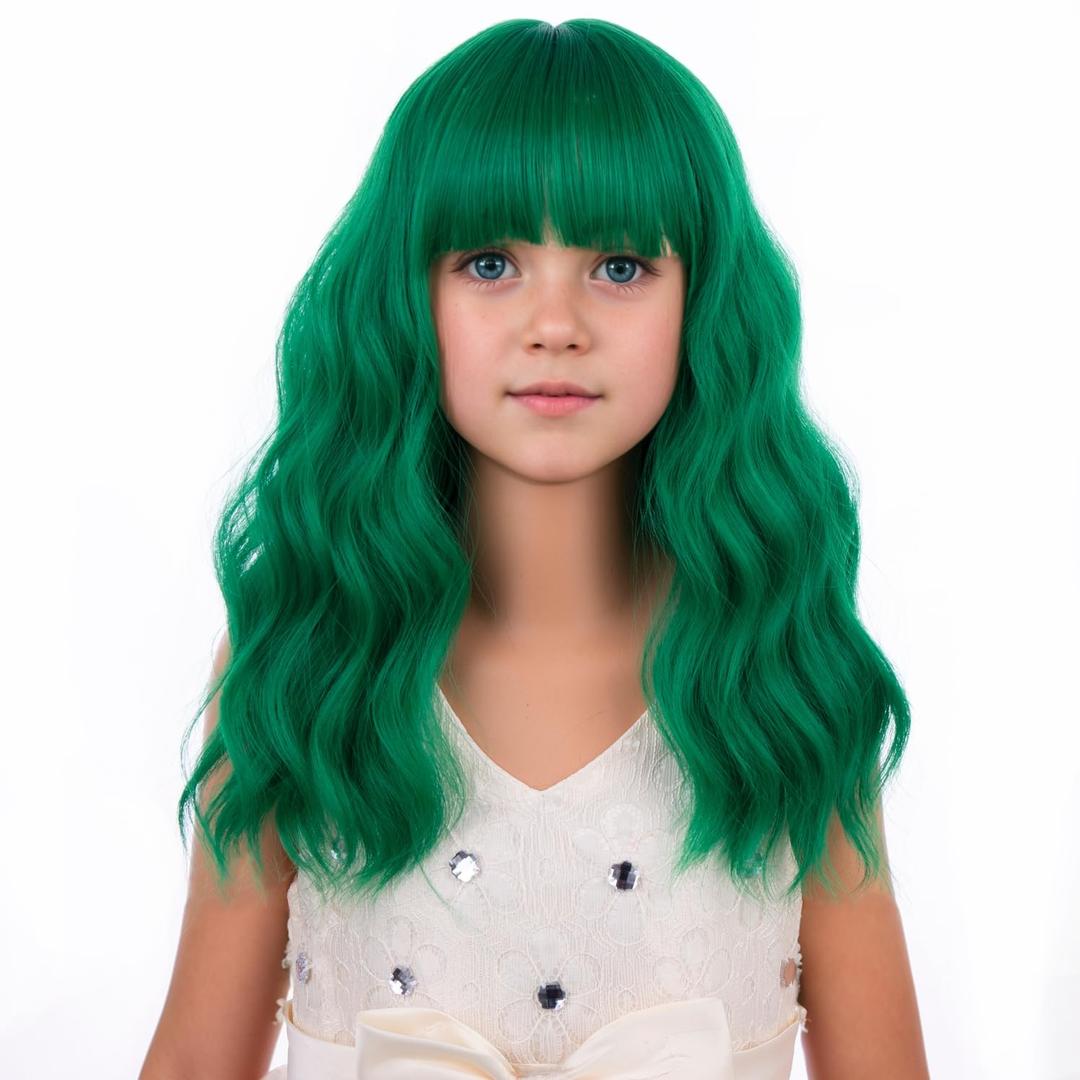 Kids Wig Green Wig for Kids Green Child Wig with Bangs Short Wavy Green Wig for Girls Shoulder Length Wig Heat Resistant Synthetic Wig with Wig Cap