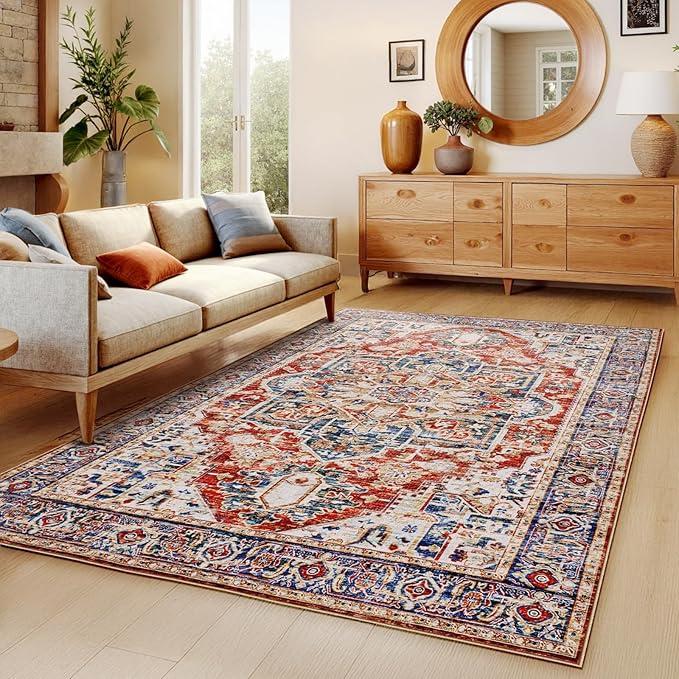 AMADA HOMEFURNISHING 5x7 Area Rugs, Washable Living Room Rug Low-Profile with Non-Slip Backing & Durable Edge Binding, Vintage 5x7 Rugs for Living Room, Bedroom, Dinning Room