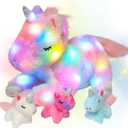 Hopearl LED Plush Unicorn Lighting Up Stuffed Mommy Unicorn with 3 Baby Unicorns in her Tummy Stuffed Animal Playset Night Lights Glow in The Dark for Mom Toddler Girls, Rainbow, 19''