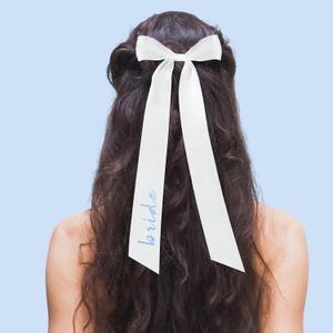 Bride to Be Embroidered Hair Bow, White and Blue Hair Bow, Bachelorette Party Decorations, Elegant Bridal Accessory, Bridesmaid Gift, Wedding Headband, Engagement Gift