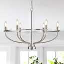 Brushed Nickel Chandelier, 6-Light Dining Room Chandelier Chrome Light Fixture Metal Candle Kitchen Chandeliers 28inch Round Chandeliers with Long Chain for Bedroom Living Room