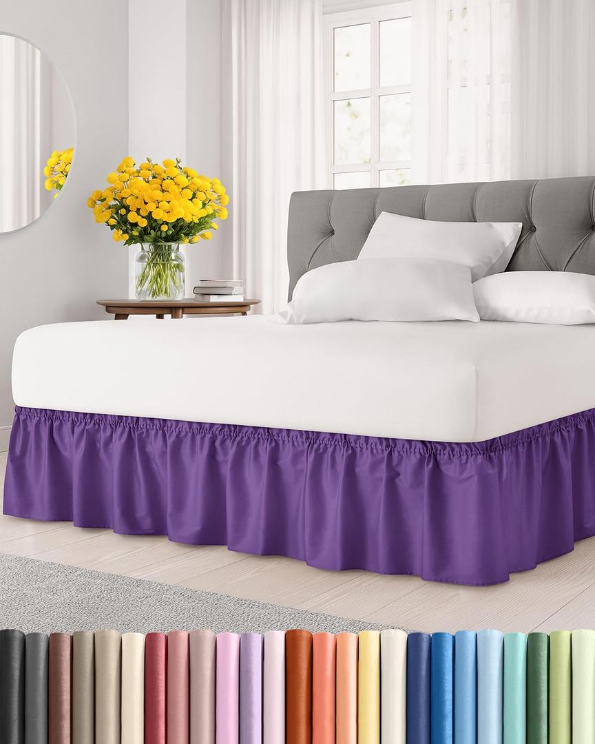 Wrap Around Dust Ruffle Bed Skirt - Purple - for Full Size Beds with 12 Inch Drop - Easy Fit Elastic Strap - Adjustable Pleated Bedskirt w/Brushed Fabric - Wrinkle Free - for Women, Men, Kids & Teens