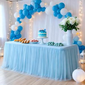 1-Pack Blue 2-in-1 Tulle Tablecloth for 5-Foot Rectangular Table Stretch Fitted Table Skirt & Cover for Baby Shower, Bridal, Birthday, Princess Party