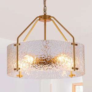 Glass Drum Gold Chandelier for Dining Room 20'' Entryway Light Fixture 5-Light Kitchen Chandeliers Over Table Bedroom Light Fixture for Living Room Hallway Foyer Kitchen