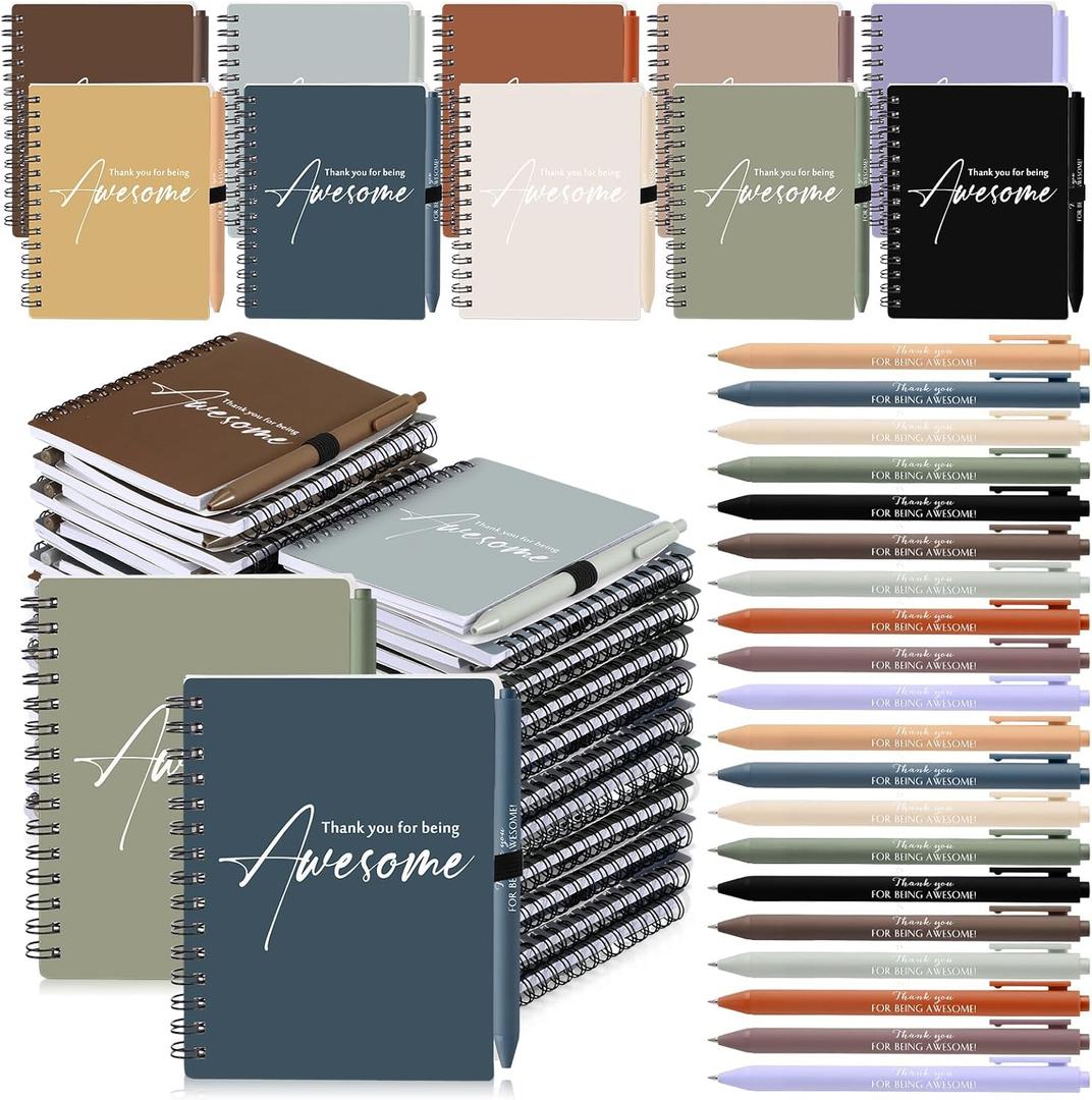 Honoson 50 Sets Spiral Notebook Sets Bulk Thank You Gift for Employee Appreciation Thank You for Being Awesome Inspirational Notepads with Bamboo Pen Valentines for Teacher(Vivid Morandi Color)