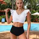 2PCS Swimsuits for Women 2025 Womens High Waisted Bathing Suits Tummy Control Ruffles Bikini Sets Criss Cross Ruched Swimwear (Black, L)