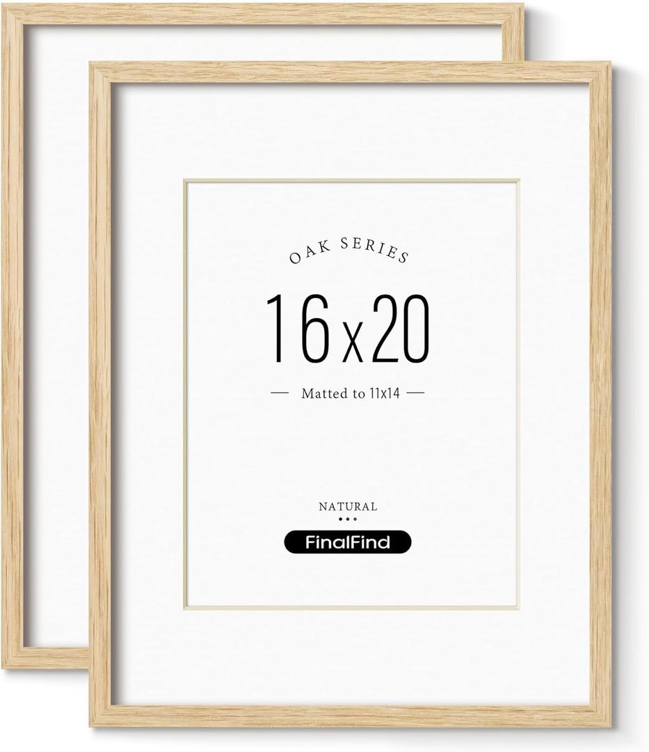 Minimalist 16x20 Frames with Mat for 11x14, Natural Solid Oak Wood 16x20 Frame, Lightweight for Wall Mounting, 2 Pack, Oak