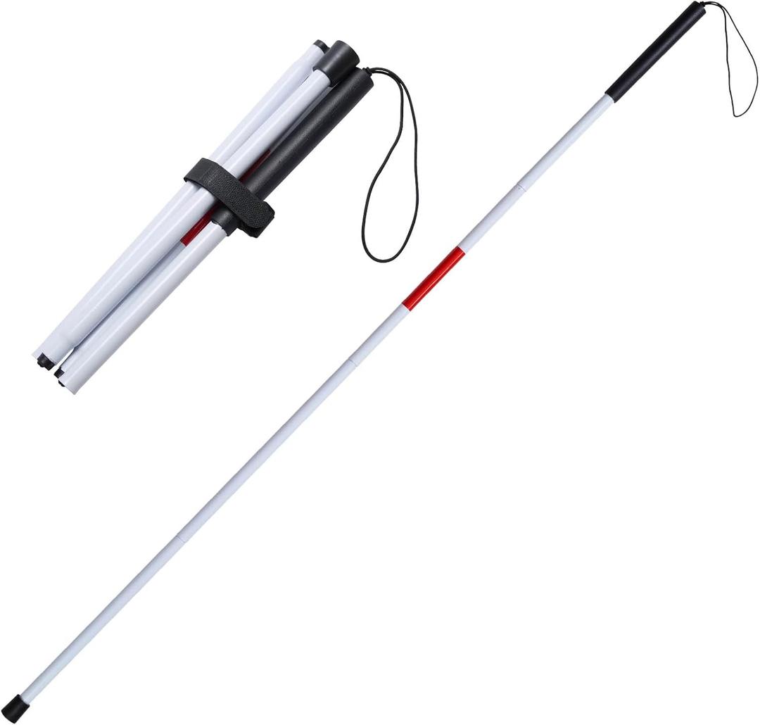 Foldable White Cane(Blind Cane) with Red Reflective Strip, 49 Inch Lightweight Walking Stick for Vision Impaired, Anti-Slip Handle for Daily & Travel Use