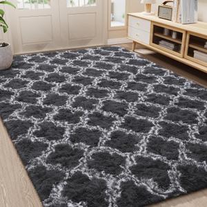 LOCHAS Luxury Shag Area Rug 8 x10 Feet Geometric Plush Fluffy Rugs, Extra Soft Carpet Moroccan Rugs for Bedroom Living Room Dorm Kids, High Pile Shaggy Floor Rug Decor, Dark Grey and White