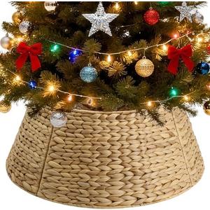 Joyhalo 27" Christmas Tree Collar for 6-9 FT Tree with Cord Out, Natural Water Hyacinth Rattan Ring, Base Protection from Pets