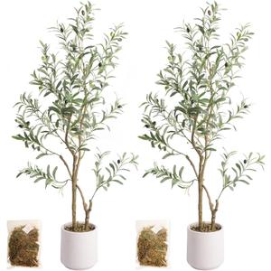 MCTYBB Artificial Fake Olive Tree 4FT Tall 2Pack with White Planter Faux Silk Olive Tree for Home Living Room Office Decor Faux Artificial Plants Indoor with Fruit & Free Moss