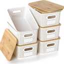 Plastic Storage Baskets with Bamboo Lids, Stackable Small Box Bins for Organizing and Containers for Shelves Drawers Desktop Closet Pantry Classroom Office Home, 6 Pack 10.2x7.2x4.1 Inch, White