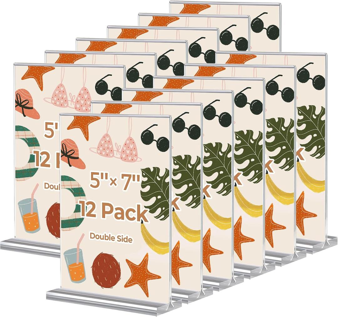 12 Pack Acrylic Sign Holder 5 x 7, Double-Sided Clear Sign Holder Plastic Stands for Display, T Shape Acrylic Table Sign Stands for Office Store Restaurants Wedding Party Decoration