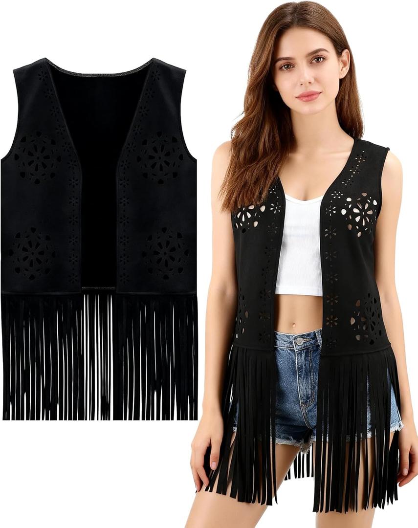 PARTTELY Fringe Vest 70s Outfits for Women Sleeveless Cowgirl Western Faux Suede Tassel Leather Outerwear for Hippie Festival (Medium, Black)