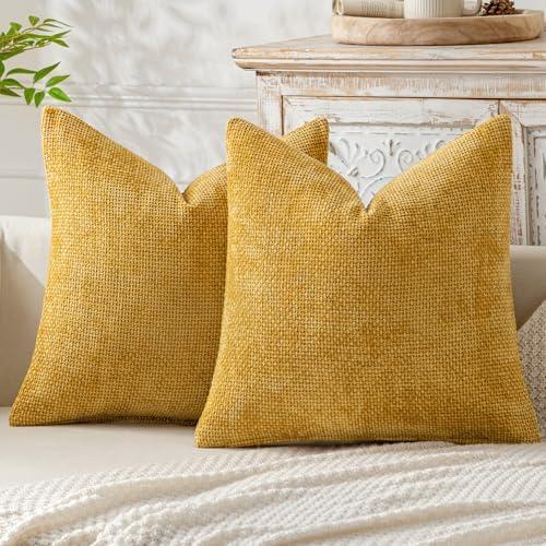 MIULEE Pack of 2 Gold Decorative Pillow Covers 18x18 Inch Soft Chenille Couch Throw Pillows Farmhouse Cushion Covers for Home Decor Sofa Bedroom Living Room
