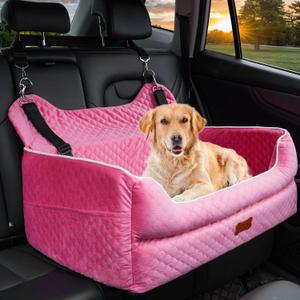 Dog Car Seat for Large/Medium Dogs - Memory Foam Dog Booster Seat for Under 55Lbs or 2 Small Dogs-Detachable and Washable Travel Bed with Thick Cushion and Storage Pockets-Pink