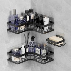 Corner Shower Caddy 3 Pack, Wall Mounted Stainless Steel Bathroom Organizer Shelf with Soap Dish, Adhesive No Drilling, Towel Hooks, Black