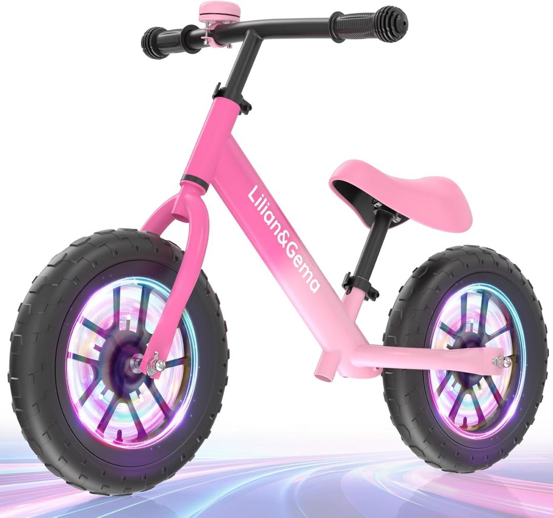 Lilian&Gema Toddler Balance Bike Colorful Lighting, 12'' Kids Balance Bike for 2-5 Years Old with Adjustable Seat & Handlebar, Toddler Gift Bike Suitable for Boys and Girls Ages 2 3 4 5 (pink)