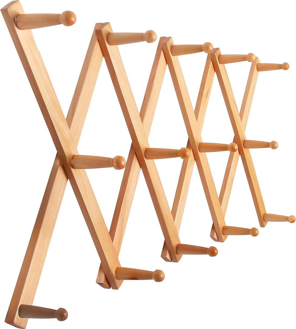 SKOLOO Hat Rack for Wall with 14 Hooks, Solid Wooden, Modern, Expandable Coat Rack Wall Mount for Coats, Hats, Bags, Baseball Caps, Natural Color