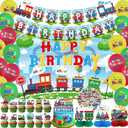 Train Party Decorations , Includes Happy Birthday Banner, Cake Toppers, Birthday Backdrop, Train Stickers, Balloons, Honeycomb Centerpieces, for Train Party Vehicle Party Supplies