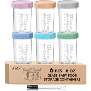 DRKIO 6 Pack Glass Baby Food Storage Containers - 8 Oz Baby Food Jars with Lids Baby Food Maker Microwave Dishwasher Freezer Safe 100% Leak Proof BPA Free Reusable