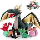 7Pcs Giant Dark Green Dragon Plush Toy, 21.7" Big Mother Dragon Stuffed Animal with 4 Babies & 2 Eggs, Stuffed Dinosaurs for Kids Boys Girls, Cute Soft Plushies Gift for Birthday Christmas