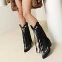 Embroidered Fringe Cowboy Boots for Women, Pull On Mid Calf Chunky Block Heel Pointed Toe Western Cowgirl Boots Riding Country Boot Retro Boots