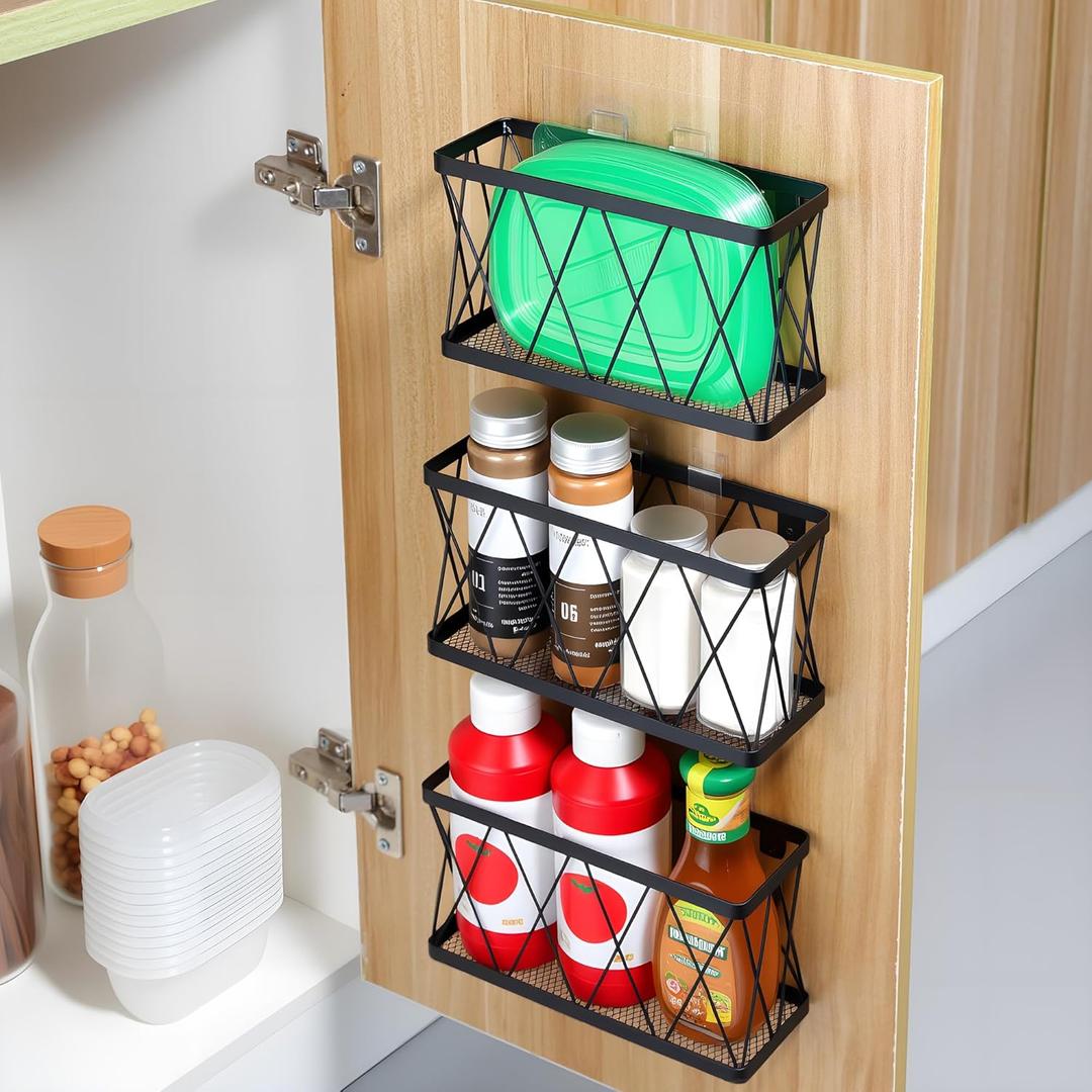YIGII 3 Pack Adhesive Cabinet Door Organizer, Black Lid Organizer Inside Cabinet Door Storage, Slim Space Lid Holder Wall Mounted for Kitchen, Pantry, Bathroom