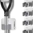 Broom Holder Self Adhesive No Drill Wall Mount Mop Broom Organizer with Hook Heavy Duty Stainless Steel Garden Tool Organizer Garage Storage and Organization Hanger (Silver + Grey)