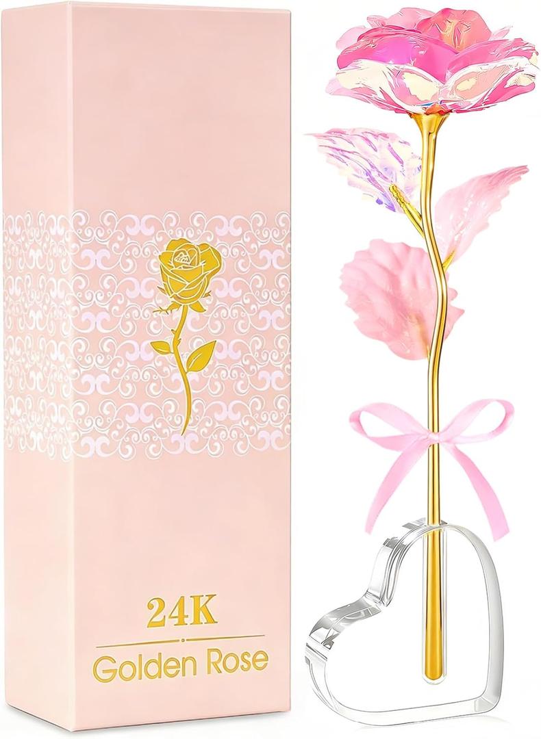 Mothers Day Mom Gifts for Women Grandma, Artificial Forever Birthday Flowers Galaxy Glass Eternal Roses with Heart Shaped Crystal Vase, Mother's Day Anniversary Wedding Rose Gifts for Wife Sister (C Light Pink)