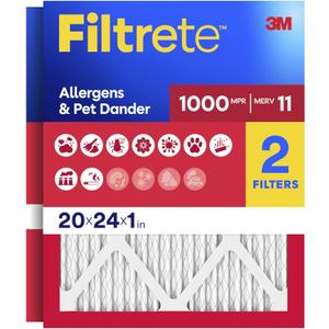 2 x Filtrete 20x24x1 Air Filter, MERV 11, MPR 1000, Allergens & Pet Dander, 3-Month AC and Furnace Filters, Cleaner Air, Reliable Airflow, 2 HVAC Filters (Actual Size 19.68 x 23.68 x 0.81 in)