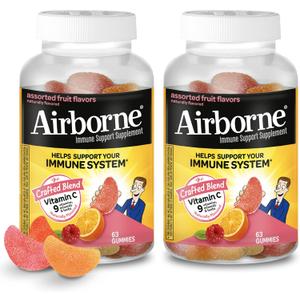 Airborne 750mg Vitamin C Gummies for Adults, Immune Support Gummies with Powerful Antioxidants VIT C & E, Caffeine Free - 2x63ct Bottle (42 Servings), Assorted Fruit Flavor (EXP: 12/2026)