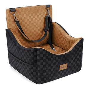 JOEJOY Elevated Dog Car Seat for Small/Medium Dogs up to 35 lbs, Memory Foam Booster Seat with Detachable Washable Cover, Travel-Safe Car Bed with Safety Belts & Storage Pockets, Brown