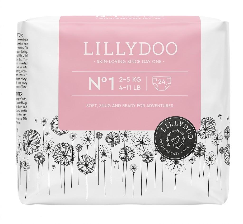 LILLYDOO Baby Diapers - Size 1 (4-11 lbs), Monthly Supply (24 Count), Leak Protection, Skin-Friendly, Ultrasoft, Perfume- & Chlorine-Free, Hypoallergenic, Dermatologist Tested, Oeko-TEX®