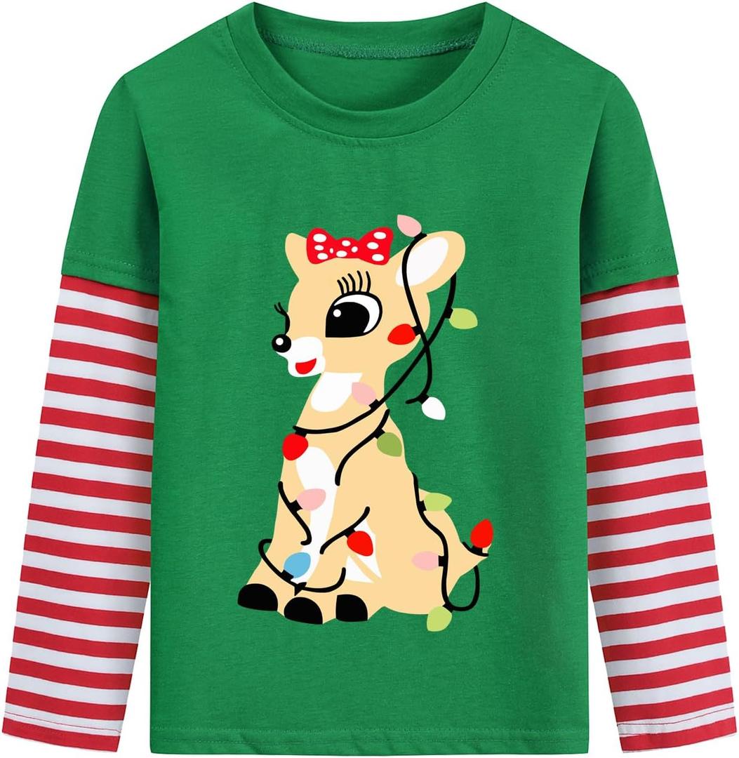 Toddler Girl Christmas T-Shirt Kid Xmas Ugly Reindeer Santa Claus Snowman Shirt Long Sleeve Strip Patchwork Cooton Tee Top