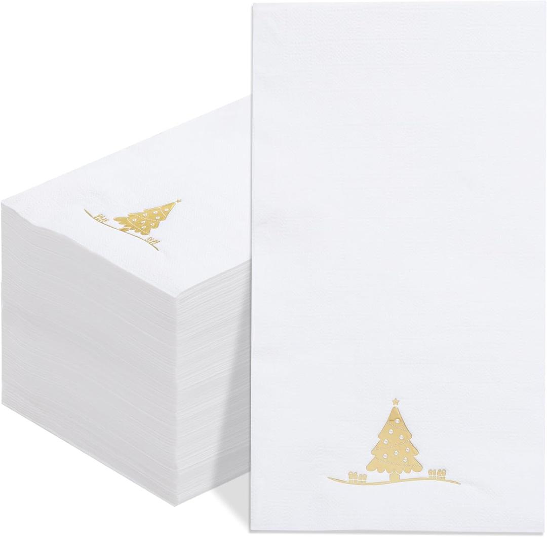 100PCS Christmas Gold Napkins Disposable - Heavy Duty Christmas Tree Napkin - Yule Paper Hand Towels - Xmas Gold Napkin for Kitchen Bathroom Noel Parties Dinners and Events (White)