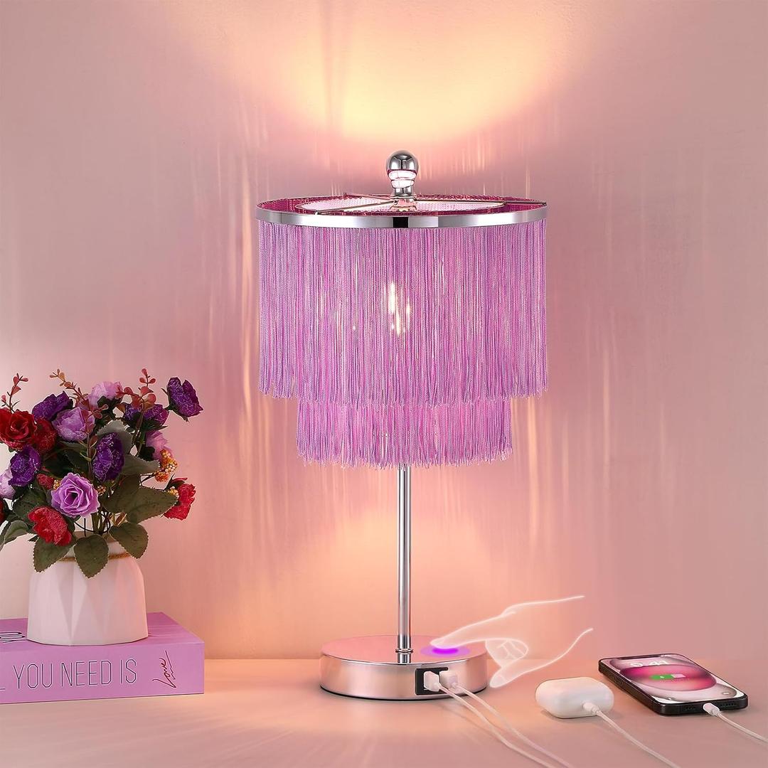 Lovlast Girls Table Lamp with Tassel Lampshade, 3 Way Dimmable Touch Bedside Purple Lamp with USB C + A Ports, Lavender Nightstand Lamp for Girls Bedroom, Living Room, Office, LED Bulb Included, Purple
