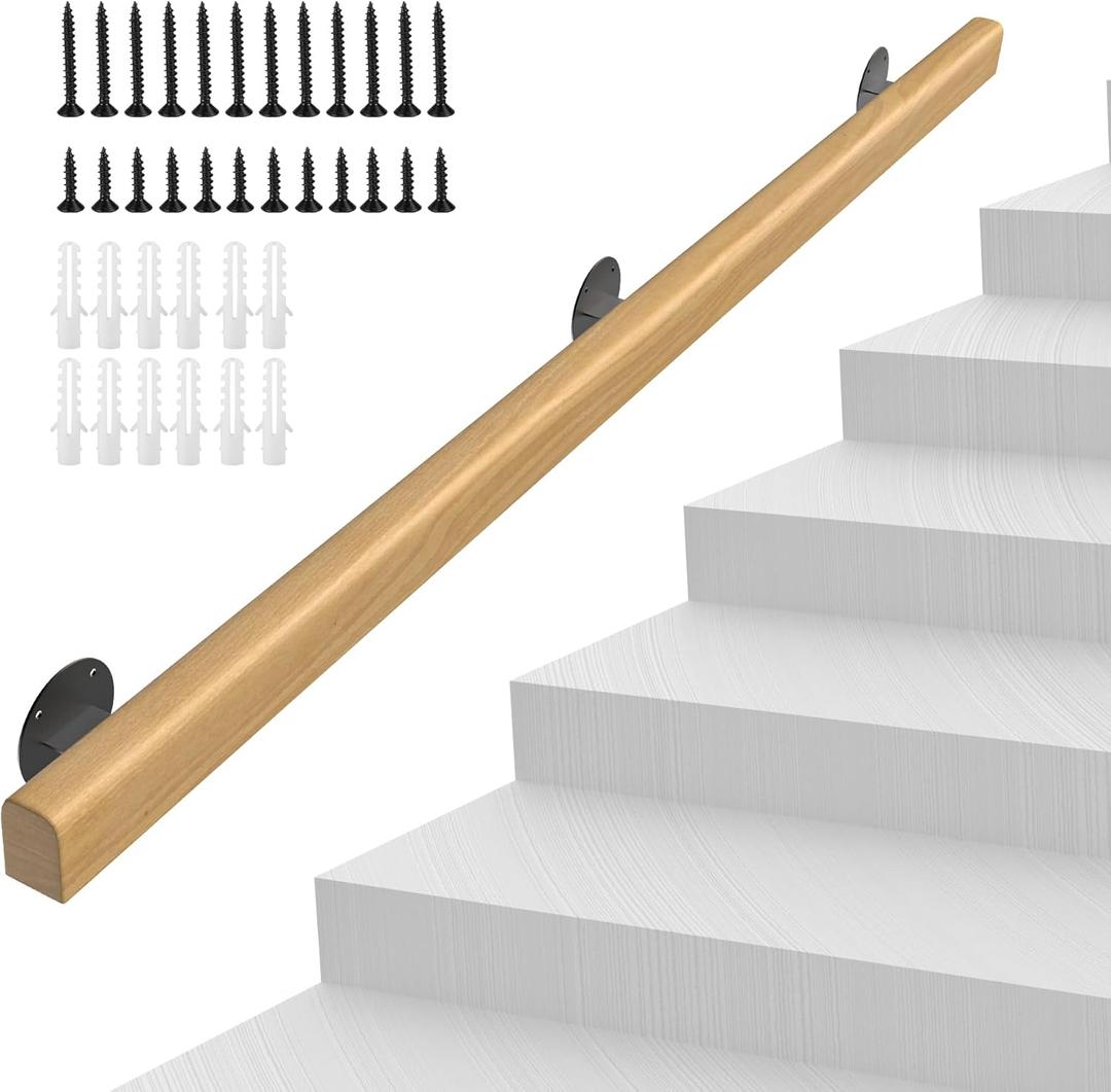 5FT Wooden Stair Handrails,Hand Railings for Stairs Indoor Outdoor Wall Mount Support Wood Handrails,Non-Slip Sturdy Staircase Handrail Safety Grab Bar Rod Complete Kit for Home,Lofts,Guardrail