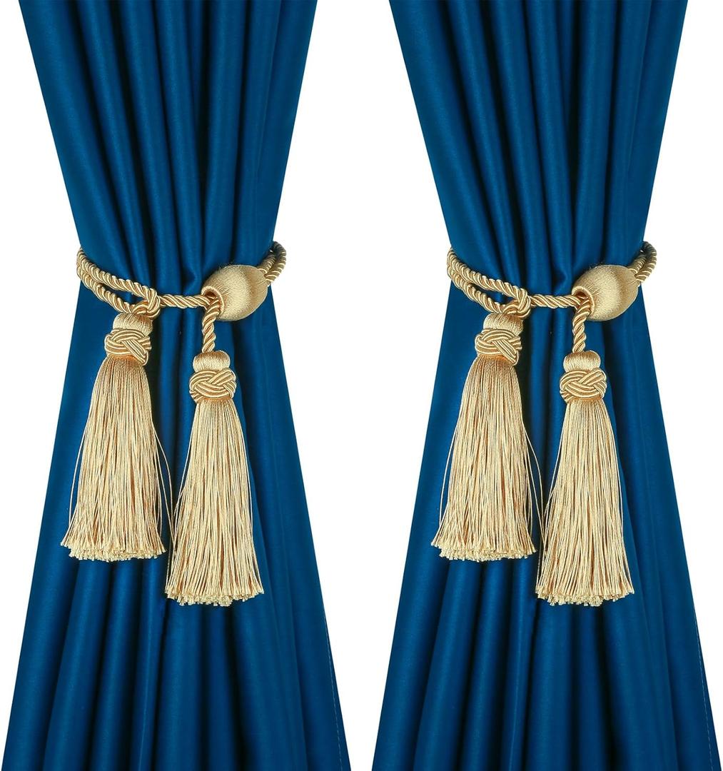 Gold Curtain Tiebacks with Tassel,Modern Rope Window Curtain Ties Backs for Draperies, Outdoor Elegant Decorative Curtain Holdbacks (2P)