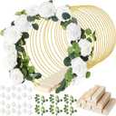 15 Pcs Metal Floral Centerpiece Table Decorations Hoop Centerpiece with Stand Gold Centerpieces for Table 15 Wooden Holders 30 Artificial Flowers 30 Leaves for Wedding DIY Craft Decor(10 Inch,White)