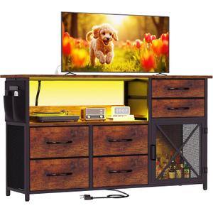TV Stand Dresser for Living Room, LED TV Stand with 6 Drawers and Lights for Bedroom, Up to 50 inch TV, Long and Wide Dresser Storage Table with Metal Door, Rustic Brown