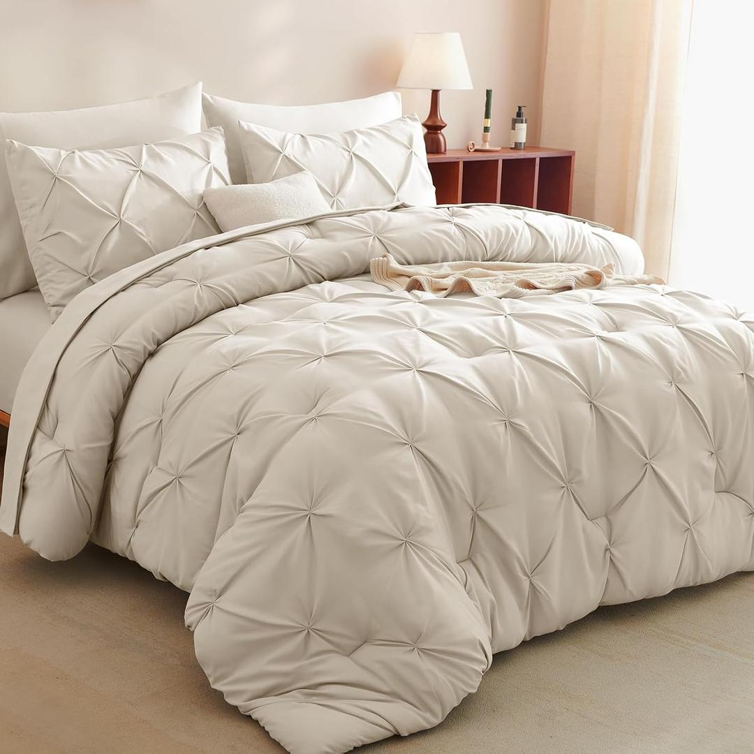 CozyLux Oversized Queen Comforter Set Beige, 7 Pieces Pintuck Bed in A Bag, All Season Bed Set Gift for Family, Pinch Pleat Bedding Sets with Comforter, Sheets, Pillowcases & Shams