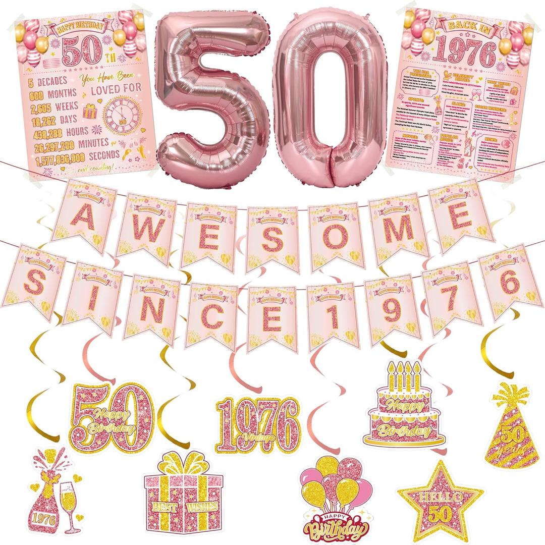 50th Birthday Decorations Women Balloons - 14 Pcs Rose Gold Birthday Number Foil Balloon Banner Hanging Swirls Vintage Poster For 50 Year Old Party Supplies