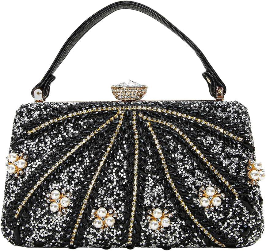 CORIOS Women's Evening Bag Rhinestone Clutch Bag Pearl Beaded Shoulder Bag Sparkly Crystal Handbag Bridal Wedding Purse (Black)