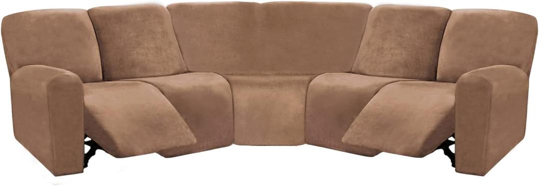 ULTICOR 7-Piece Sectional Recliner Sofa Covers, Velvet Stretch Reclining Couch Covers for Reclining l shape Sofa, Thick, Soft, Washable (Sand, [l shape] 5 Seat Recliner Cover)