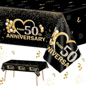 3pcs Happy 50th Anniversary Tablecloths Black Gold Table Covers 50th Wedding Anniversary Party Supplies for Parents Cheer to 50 Years Party Decorations and Plastic Disposable Favors,108*54 inch