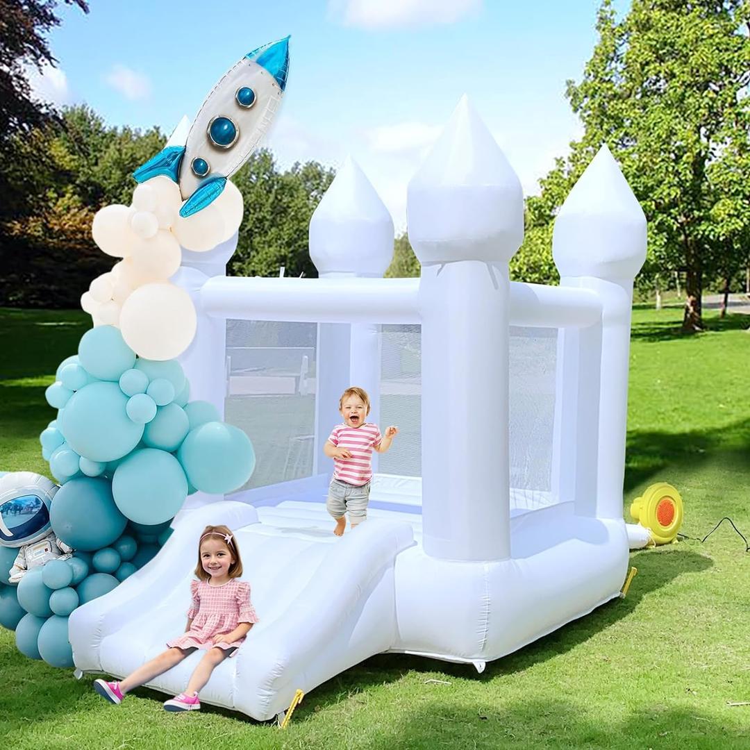 White Bounce House Indoor Outdoor Bouncy Castle for Kids Ages 3-8 Oxford Toddler Bounce House with Slide Balloon & Blower for 2 Kids,103 x 71 x 90 inch,Children's Birthday Party Gifts