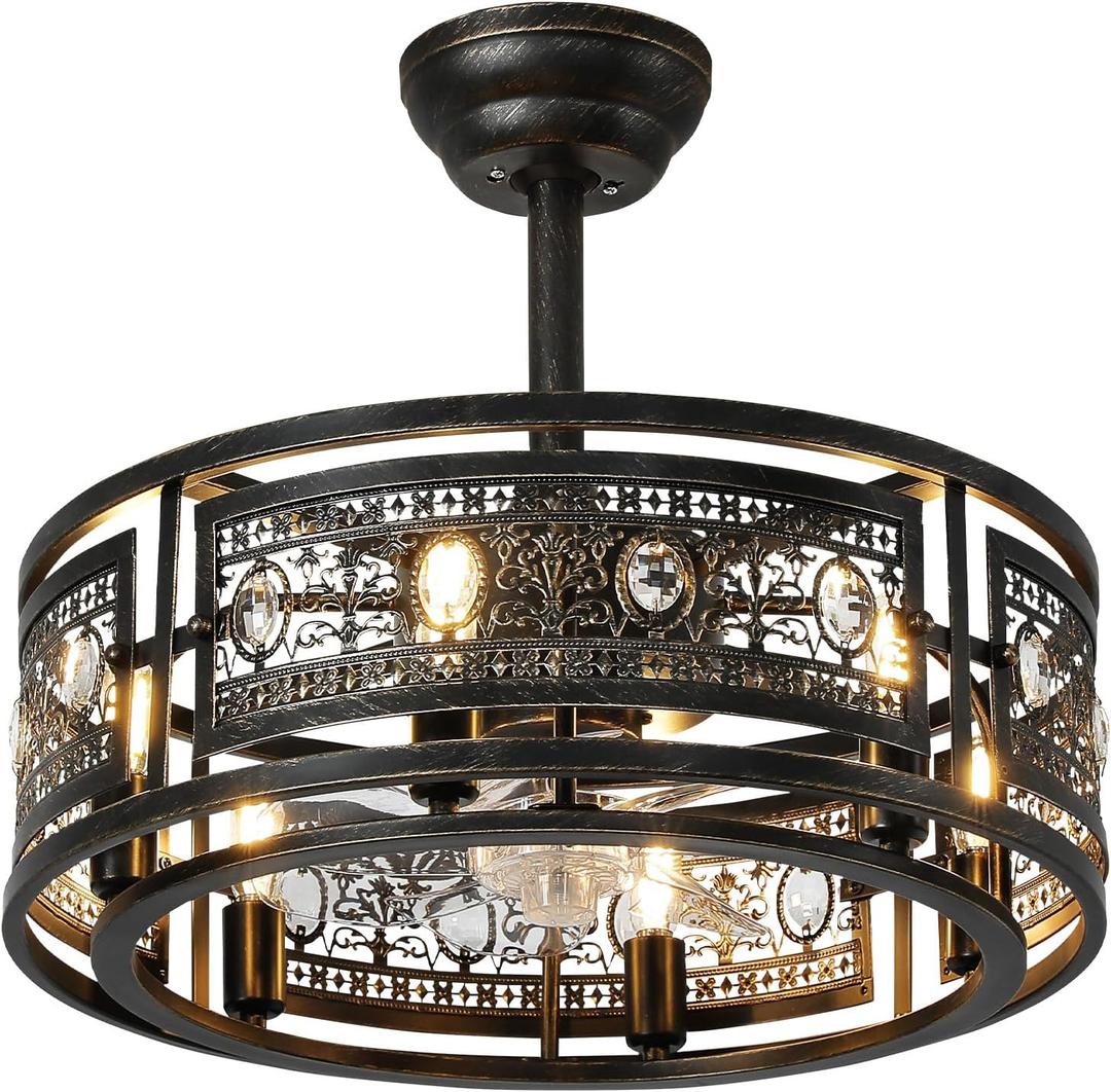 19" Vintage Crystal Caged Ceiling Fan with Light, Victorian Rustic Fandelier, Black Enclosed Ceiling Fan with Remote, Quiet Reversible Low Profile Ceiling Fan for Bedroom Kitchen Dining Room