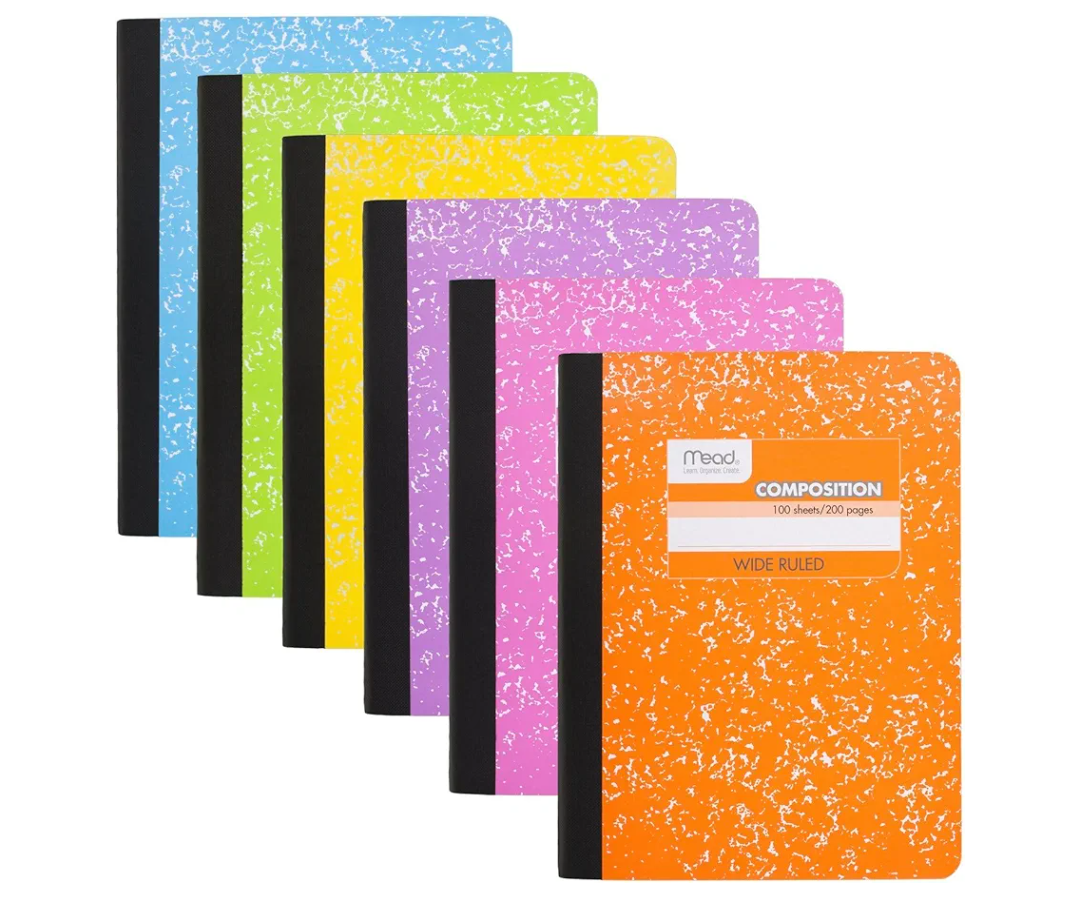 Mead Composition Book, Wide Ruled, 100 sheets, 93/4" x 71/2", Assorted Colors Pack of 6